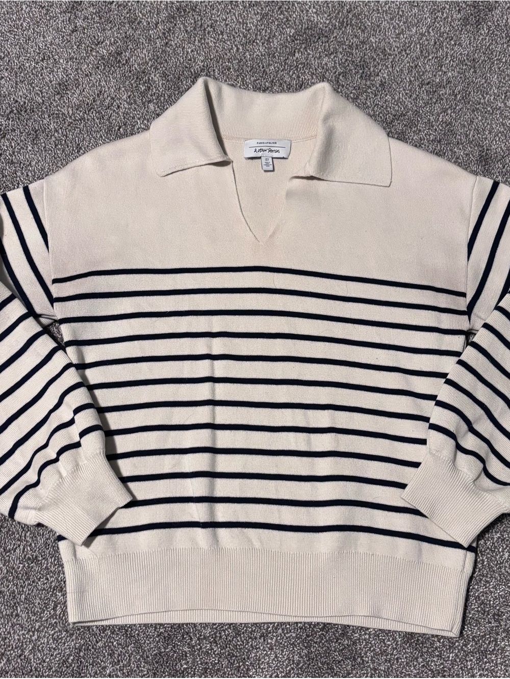 & Other Stories Cream V-Neck Polo Sweater with Navy Stripes